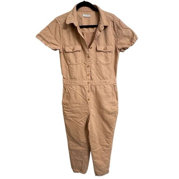 Outerknown S.E.A. Tan Sand Cotton Linen Jumpsuit Short Sleeve Medium - Picture 1 of 14